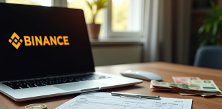 Formulaire fiscal français sur un bureau en bois avec un ordinateur affichant le logo Binance