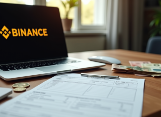 Formulaire fiscal français sur un bureau en bois avec un ordinateur affichant le logo Binance