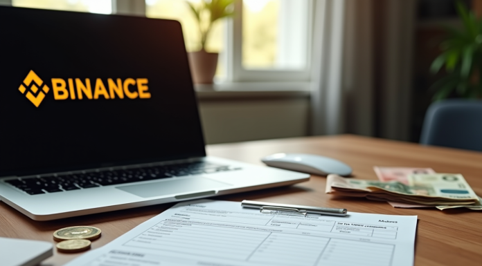 Formulaire fiscal français sur un bureau en bois avec un ordinateur affichant le logo Binance