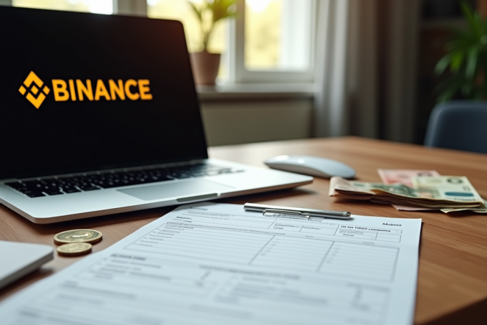 Formulaire fiscal français sur un bureau en bois avec un ordinateur affichant le logo Binance