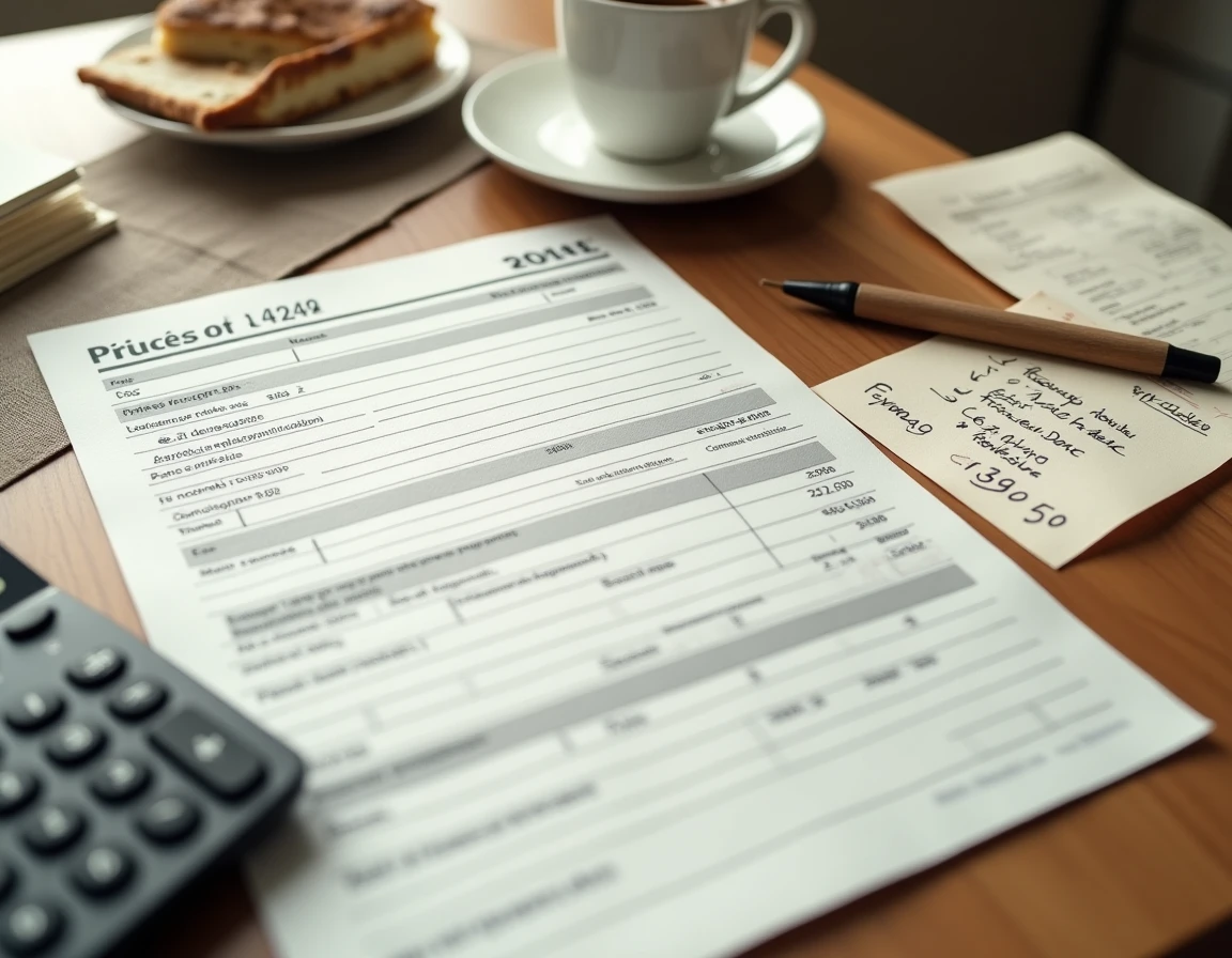 Vue aérienne d'un formulaire fiscal français avec reçus de repas et calculatrice sur table en bois