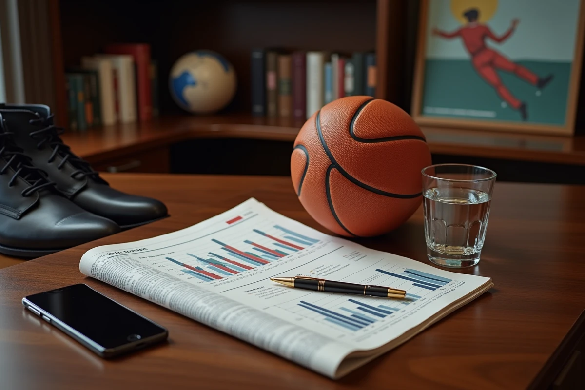 Flat-lay éditorial symbolisant le business et le sport avec ballon de basketball, stylo de luxe et journaux financiers sur un bureau en noyer, évoquant la diversification de la fortune de Tony Parker