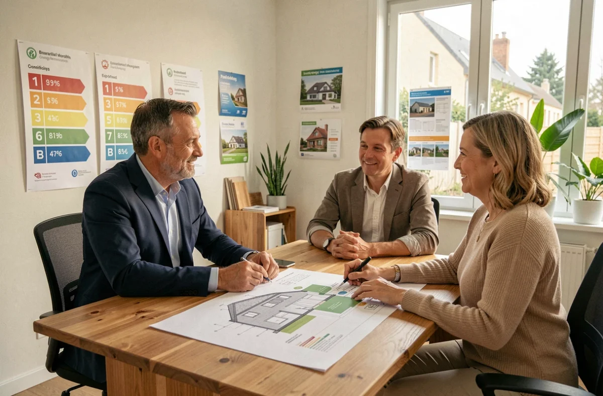 Un conseiller France Direct Habitat Énergie présente un plan de financement immobilier et rénovation énergétique à un couple