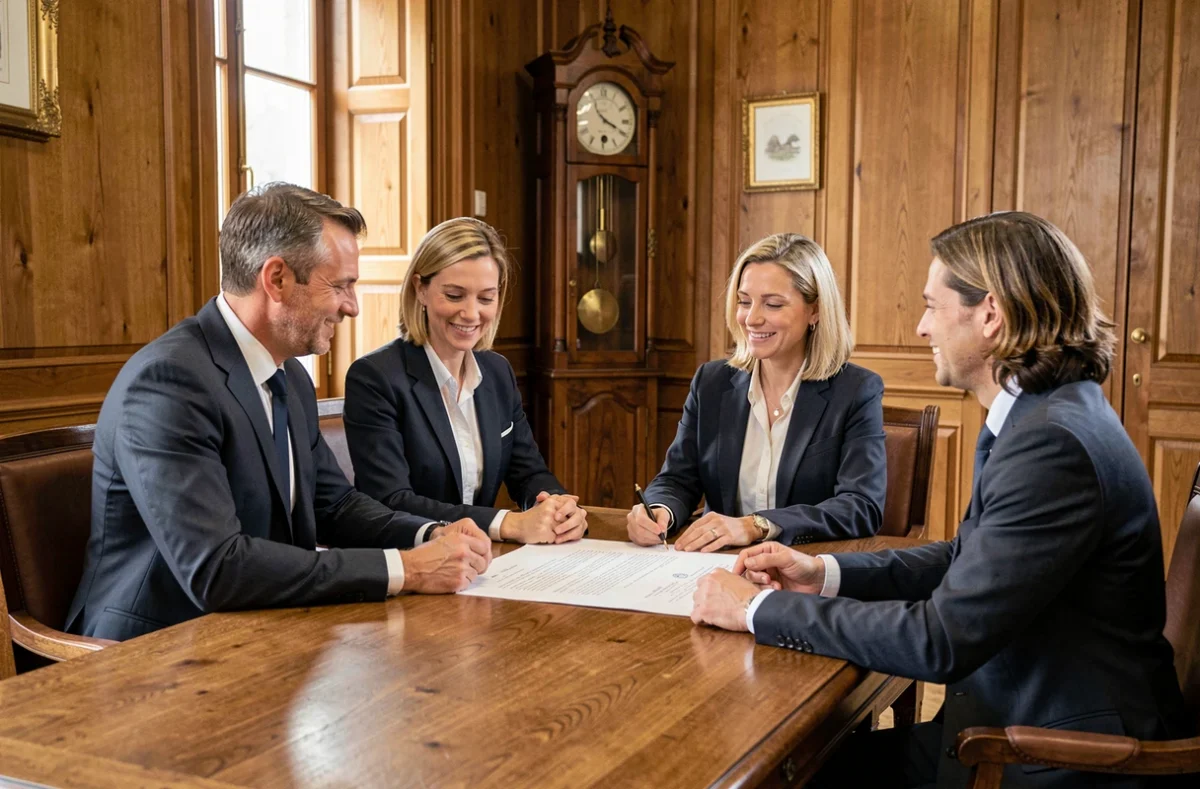 Deux notaires associés Frappat et Laurillot en réunion avec des clients pour la signature d'un acte immobilier en Indre-et-Loire