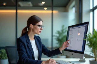 Femme professionnelle consultant des documents RH sécurisés sur une plateforme de gestion documentaire en entreprise