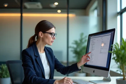 Femme professionnelle consultant des documents RH sécurisés sur une plateforme de gestion documentaire en entreprise