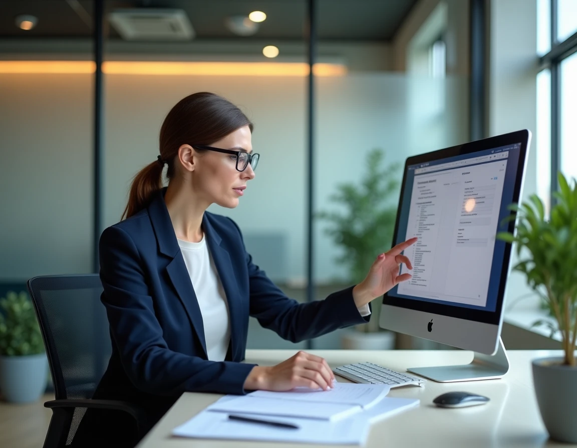Femme professionnelle consultant des documents RH sécurisés sur une plateforme de gestion documentaire en entreprise