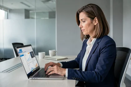 Professionnelle en blazer marine gérant son espace client bancaire pro sur ordinateur portable au bureau