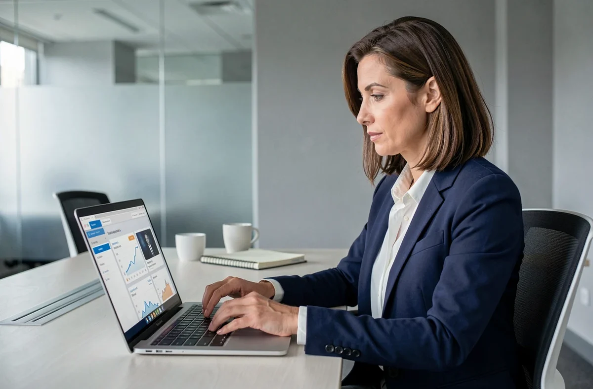 Professionnelle en blazer marine gérant son espace client bancaire pro sur ordinateur portable au bureau