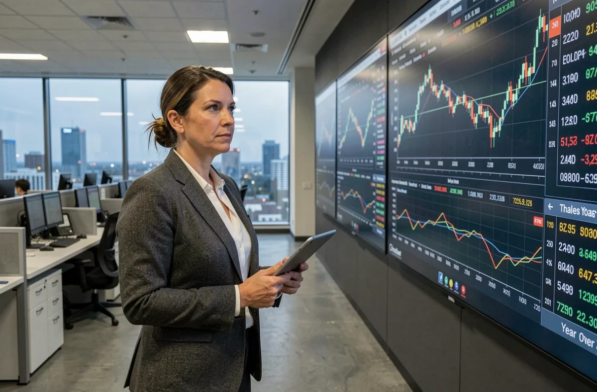 Gestionnaire de portefeuille analysant la performance boursière de l'action Thales sur un écran de trading