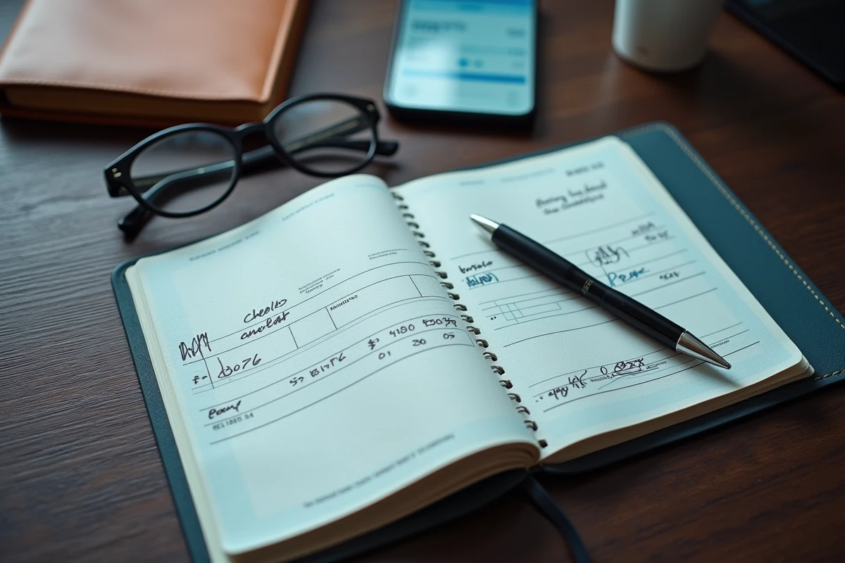Gros plan sur un chèque rempli avec un stylo, un smartphone affichant une application bancaire et des lunettes sur une table en bois sombre