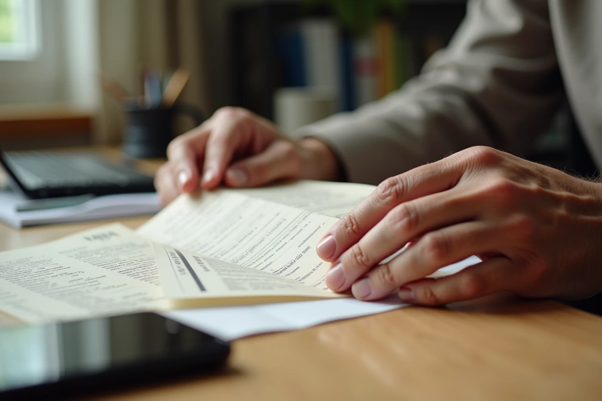 Gros plan sur des mains feuilletant une liste papier de magasins partenaires Cadhoc sur un bureau