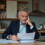 Comptes titres : impact fiscal et imposition en France Homme d'affaires méditatif dans une cuisine moderne