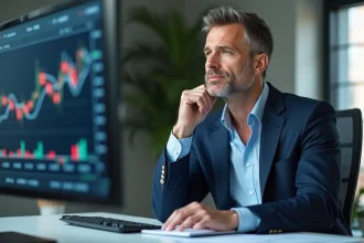 Homme d'affaires en costume regardant des graphiques financiers