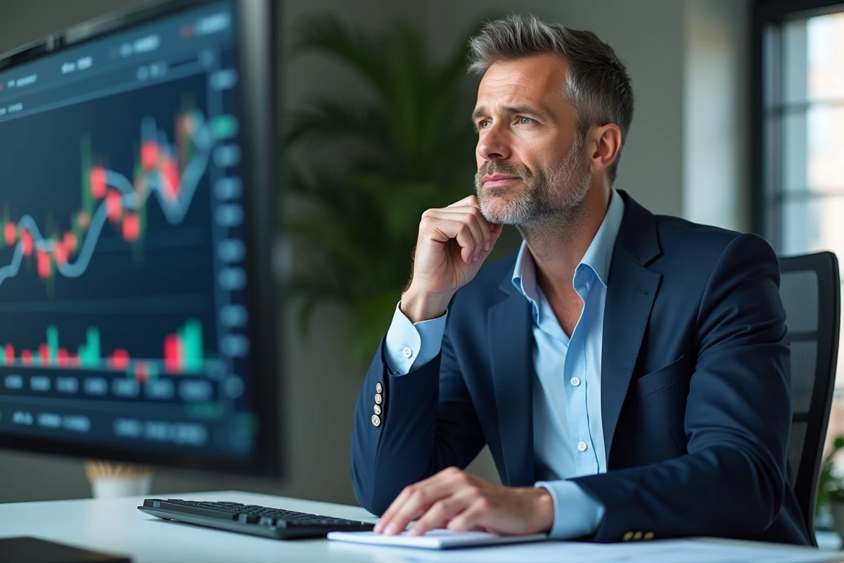 Homme d'affaires en costume regardant des graphiques financiers