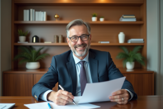 Homme d'affaires en costume examine des documents financiers