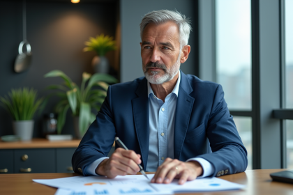 Homme d'affaires en costume bleu dans un bureau moderne