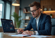 Jeune homme d'affaires regardant un graphique de crypto sur son ordinateur