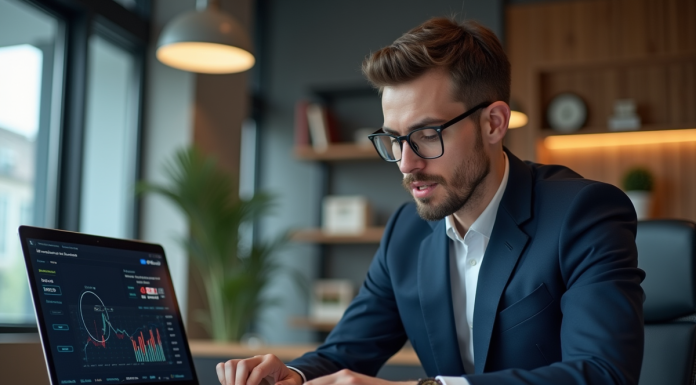 Cryptomonnaie au Canada : légale ou non ? Réglementation en vigueur Jeune homme d'affaires regardant un graphique de crypto sur son ordinateur