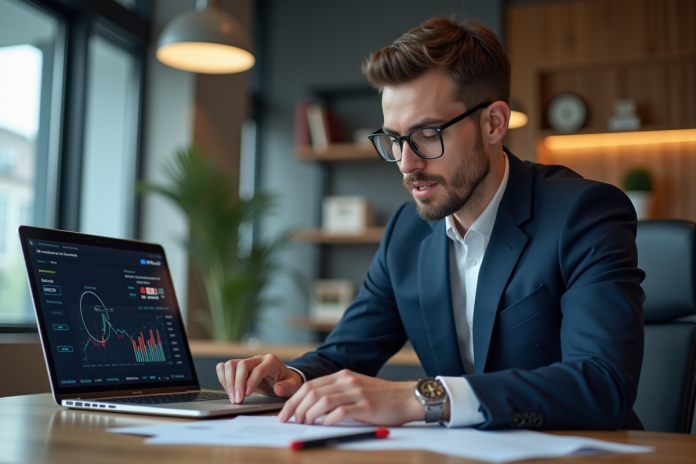Jeune homme d'affaires regardant un graphique de crypto sur son ordinateur