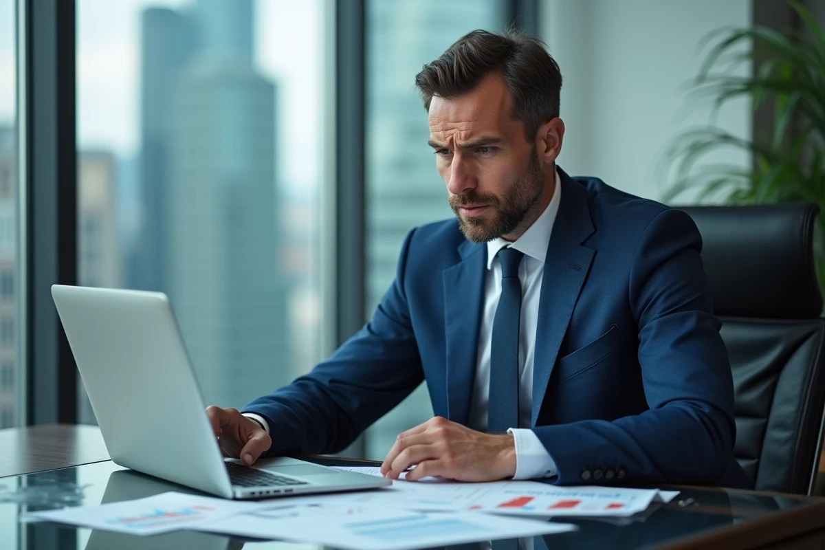Homme d'affaires en costume bleu dans un bureau moderne