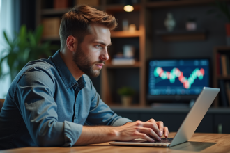 Jeune homme concentré analysant des graphiques crypto sur son ordinateur