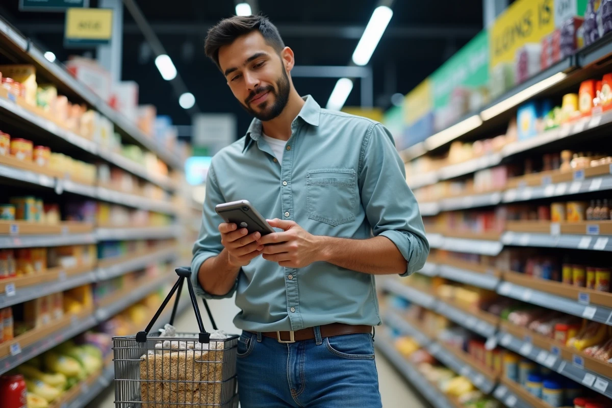 Homme consultant son application Bimpli sur smartphone dans un supermarché pour valider un achat alimentaire