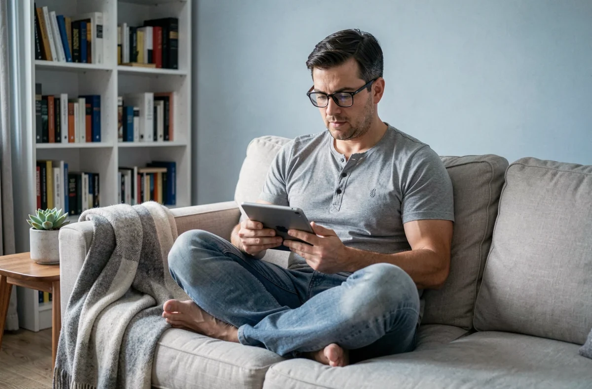 Homme en train d'apprendre sur une tablette confortablement installé dans son salon à la maison