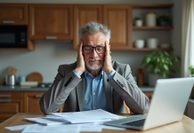 Homme d'âge moyen pensif avec factures à la maison