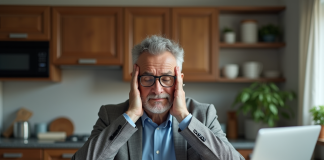 Homme d'âge moyen pensif avec factures à la maison