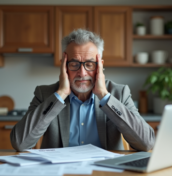 Homme d'âge moyen pensif avec factures à la maison