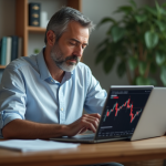 Homme d'âge moyen travaillant à domicile avec graphique boursier