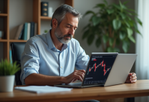 Homme d'âge moyen travaillant à domicile avec graphique boursier