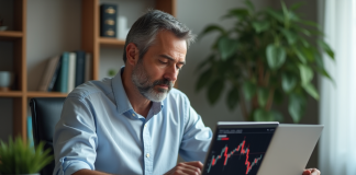 Actions : investir en bourse, bon ou mauvais choix ? Homme d'âge moyen travaillant à domicile avec graphique boursier