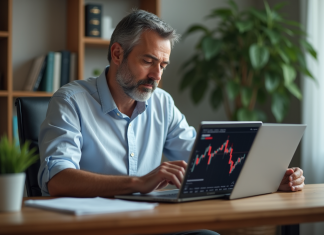Actions : investir en bourse, bon ou mauvais choix ? Homme d'âge moyen travaillant à domicile avec graphique boursier