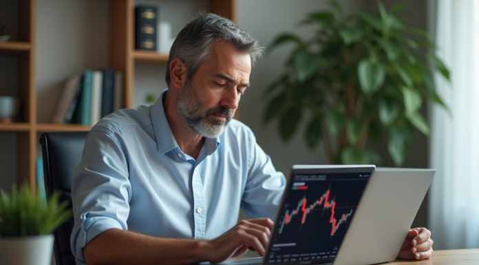 Homme d'âge moyen travaillant à domicile avec graphique boursier