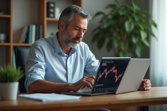 Homme d'âge moyen travaillant à domicile avec graphique boursier