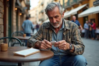 Homme d'âge moyen dans un café espagnol en plein air