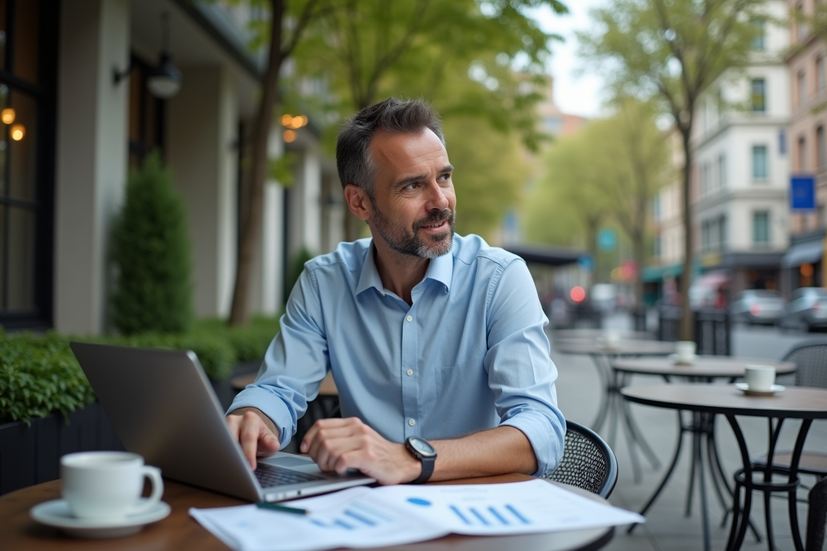 Homme au café urbain analysant des graphiques sur ordinateur