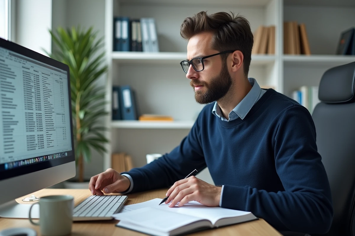Homme en télétravail calculant une dotation aux amortissements sur un tableur informatique