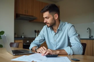 Homme concentré à la maison avec papiers et ordinateur