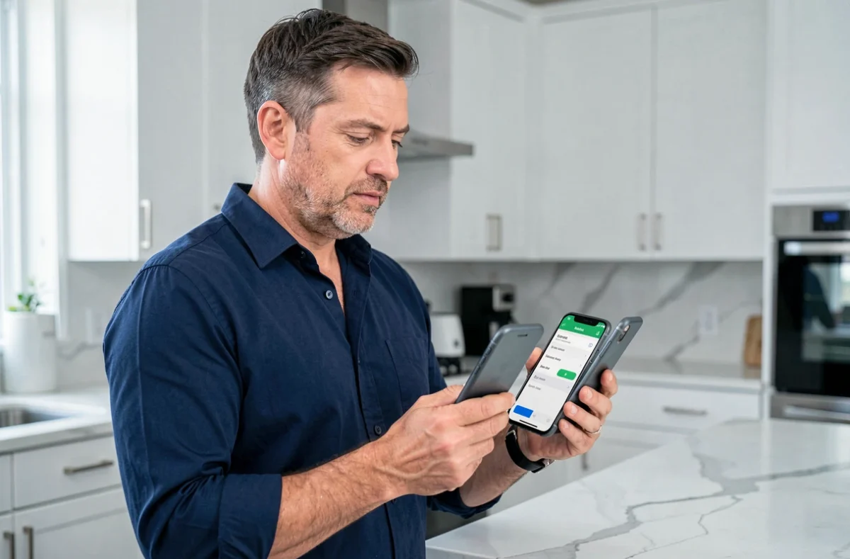 Homme comparant deux applications bancaires sur smartphone dans une cuisine moderne