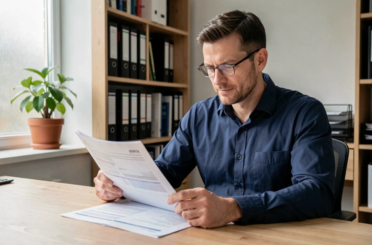 Homme d'une quarantaine d'années examinant un contrat d'assurance emprunteur à son bureau à domicile