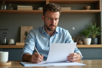 Homme d'âge moyen examinant des documents d'assurance vie