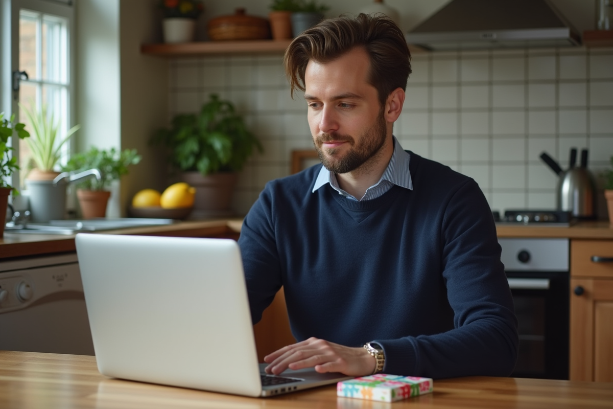 Homme utilisant un ordinateur avec une carte cadeau dans la cuisine