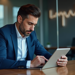 Prévisions 2025 : Potentiel Solana, analyse experts et perspectives Homme d'affaires analysant des graphiques sur une tablette