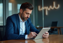 Homme d'affaires analysant des graphiques sur une tablette