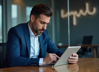 Prévisions 2025 : Potentiel Solana, analyse experts et perspectives Homme d'affaires analysant des graphiques sur une tablette