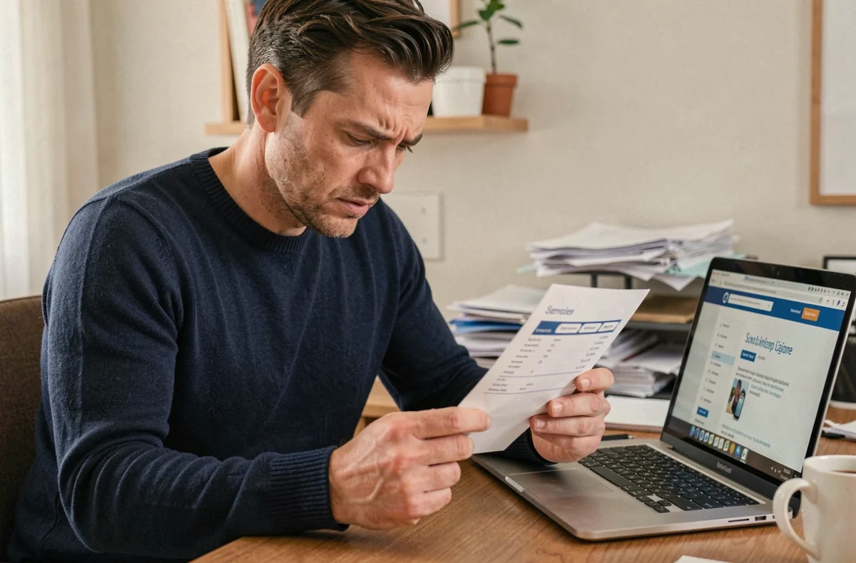Homme examinant attentivement une facture Free Mobile à son bureau à domicile
