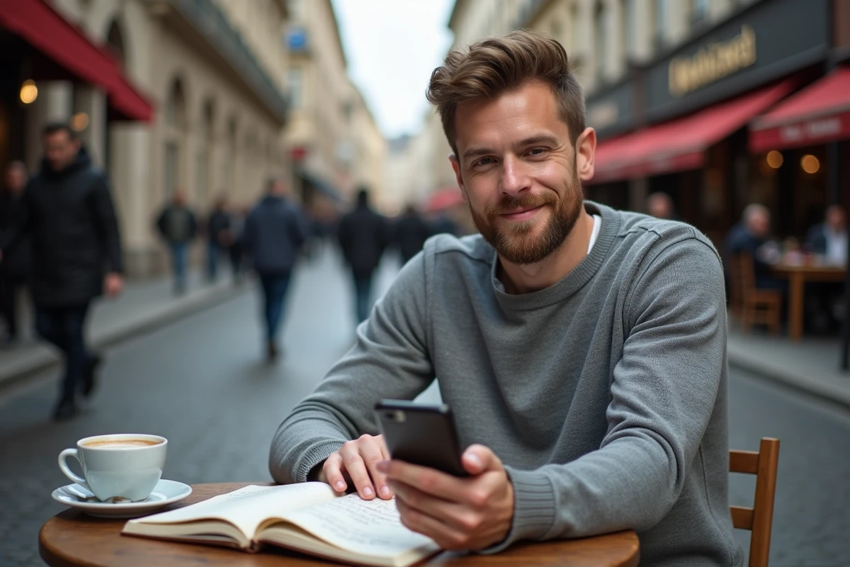 Homme expatrié prenant des notes sur ses droits aux allocations chômage dans un café européen